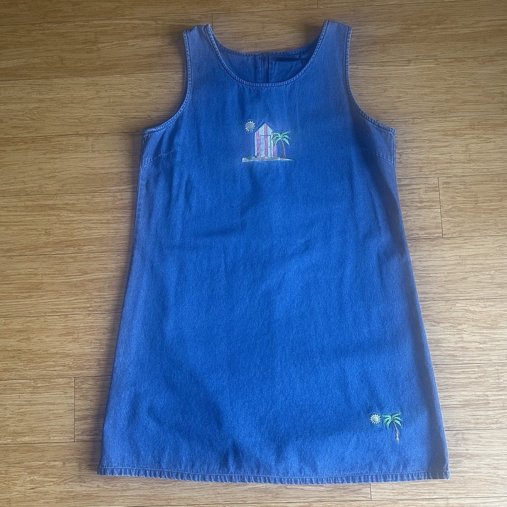 CB Casual Denim Jumper Dress XL Pocket Blue Jean Beach Tropical Embroidery